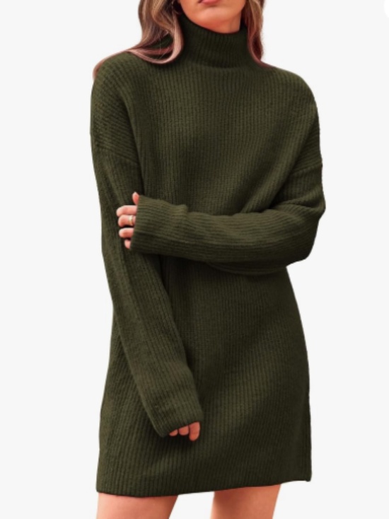 Sweaters - Long Sleeve Turtleneck Sweaterdress Ribbed Knit Oversized Fall Winter - Small